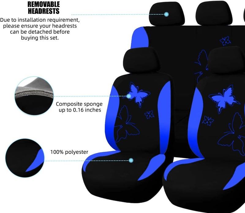 Sandfren Car Seat Covers, 9PCS Butterfly Print High Back Vehicle Front Seat & Rear Bench Protector, Breathable Automotive Interior Chair Accessories, Universal for SUV Sedan Truck (Blue) - Image 3